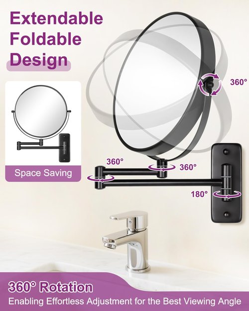 DECLUTTR 20X/1X Wall Mounted Makeup Mirror, 9 Inch Large Size Magnifying Mirror, 360° Swivel Extendable Mirror for Bathroom, Black