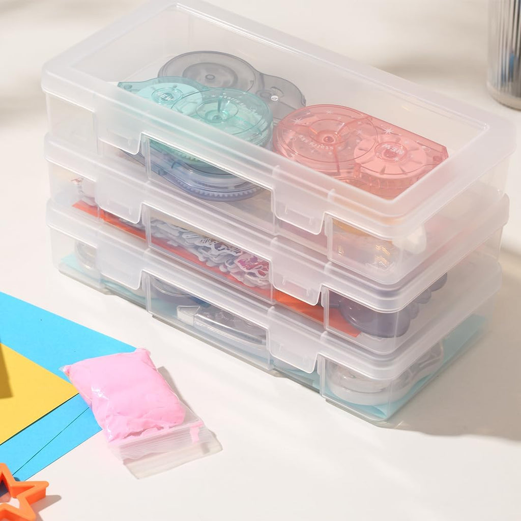 Medium Clear Storage Box - 9 Pack Stackable Containers with Snap-Tight Latch | 10" x 5" x 1.9" for Art Tools & Pencils