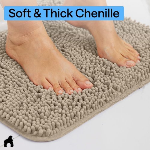 GORILLA GRIP Bath Rug Mat - Thick Absorbent Chenille | Quick-Dry Microfiber, 60x24, Gray Beige