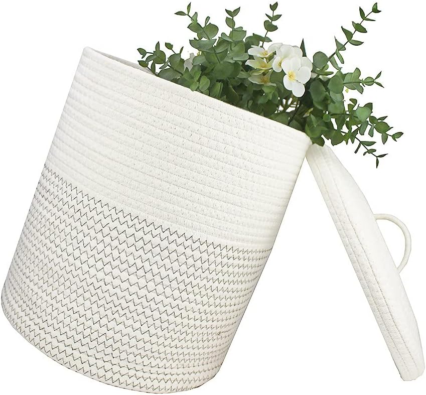 Yimi's Dream Woven Basket - Decorative Storage Solution with Lid for Kids & Toys | Medium Size (White & Black, 12D x 13.5H Inch)