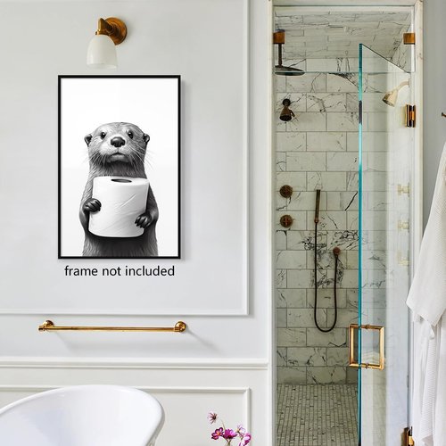 Funny Bathroom Wall Art - Cute Otter Holding Toilet Paper | Black and White Canvas Print 16x24in