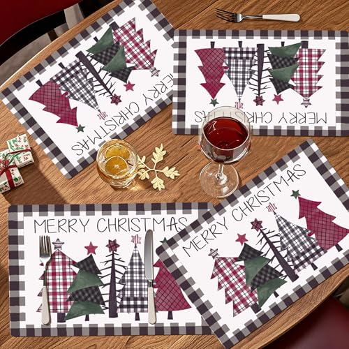 Disposable Christmas Tree Checkered Placemats Set - Black White Grid, 50 Sheets