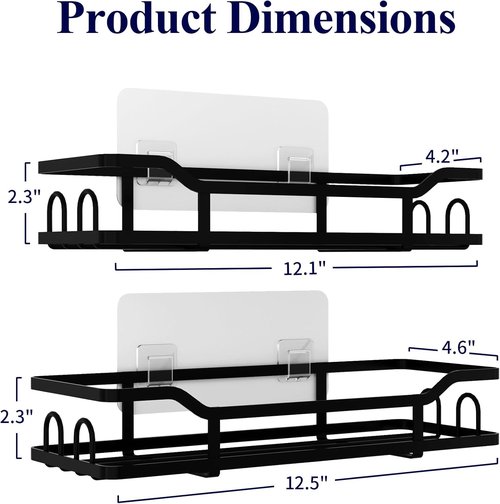 Kitsure Shower Caddy - No-Drill Organizer with 8 Hooks | Rustproof Stainless Steel, Black - 2 Pack