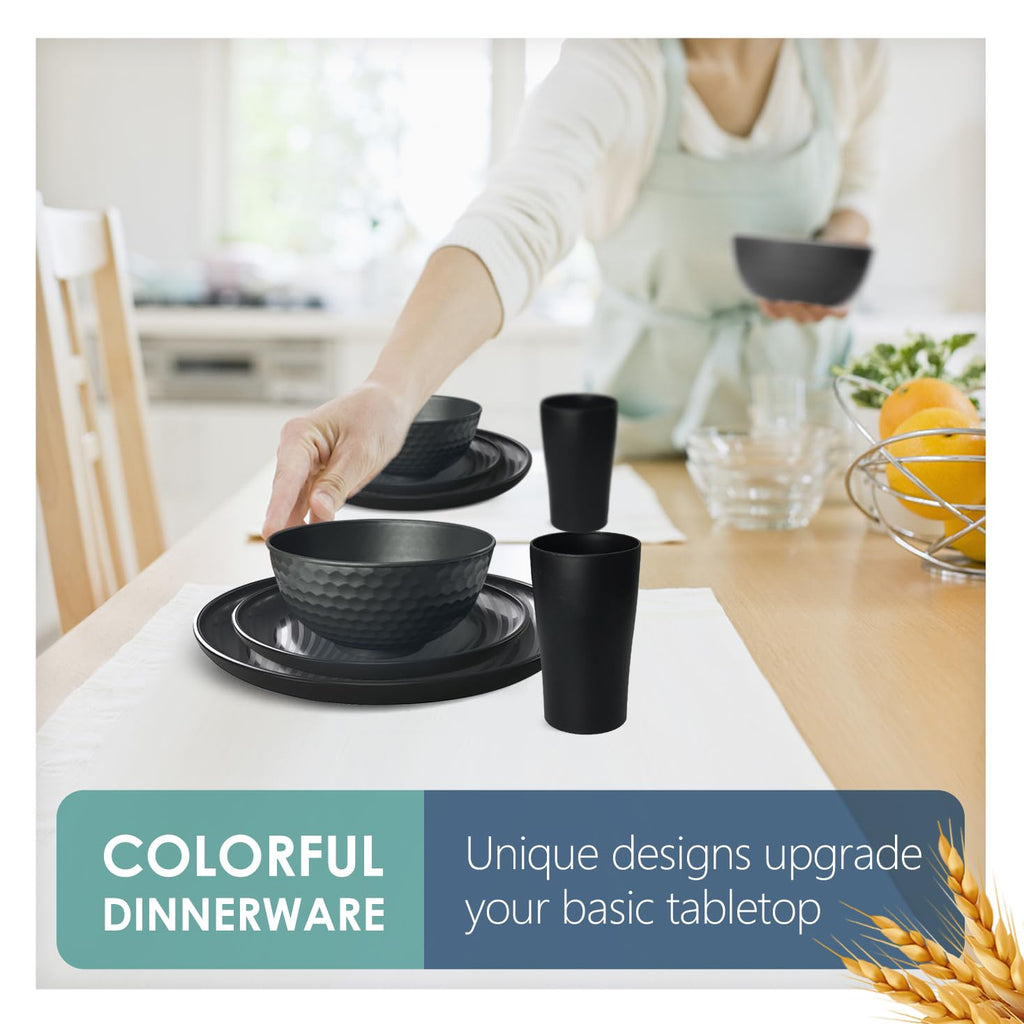 Teivio 64-Piece Kitchen Plastic Wheat Straw Dinnerware Sets for 16, Dinner Plates, Dessert Plate, Cereal Bowls,13.5oz Cups, Unbreakable Outdoor Camping Party Dishes, Apartment Dinning Essentials,Black