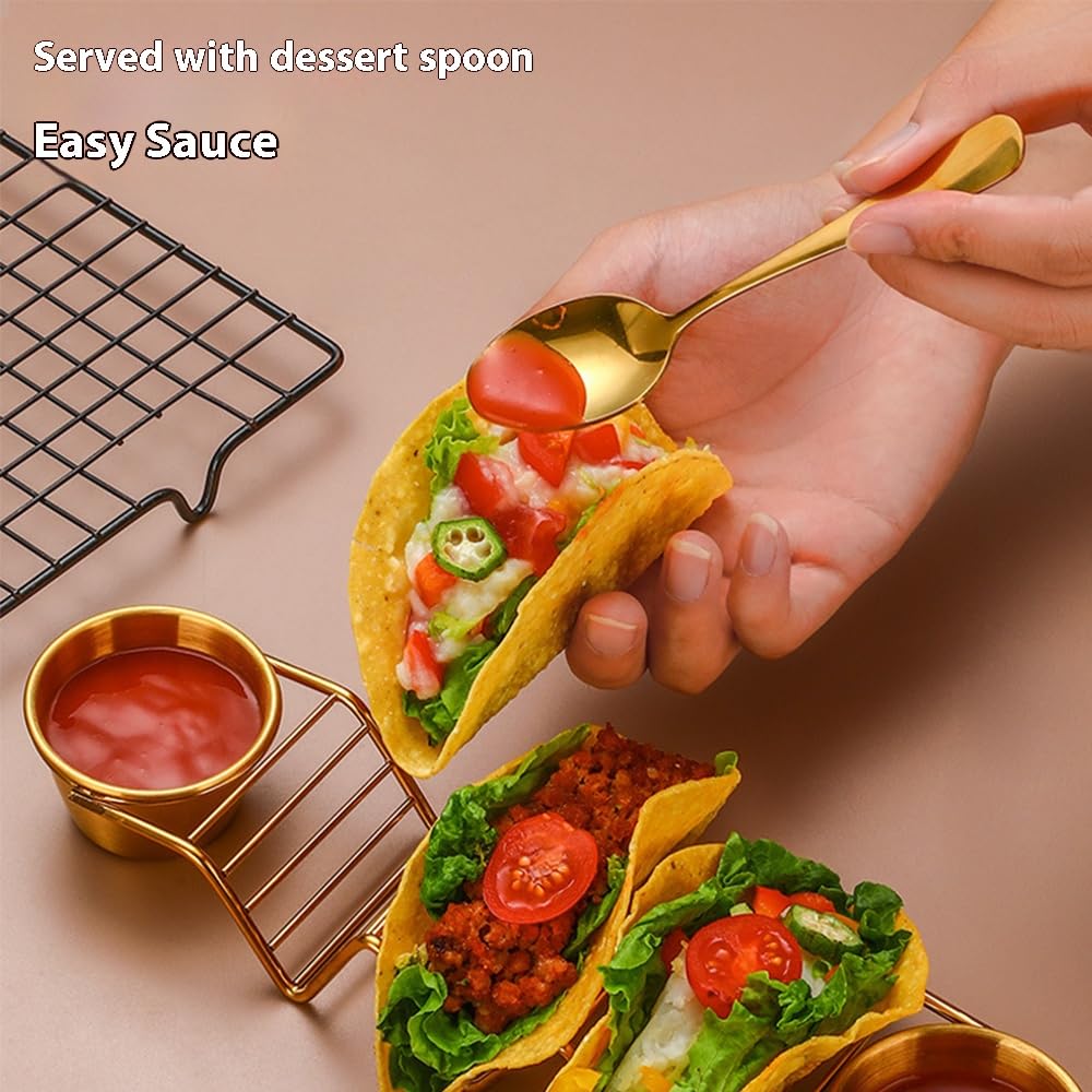 Digead Taco Holder Stand - Holds 3 Tacos with 2 Sauce Cups & Gold Spoon - Premium 304 Stainless Steel Gold-Plated - Heat Resistant & Oven/Dishwasher/Grill Safe