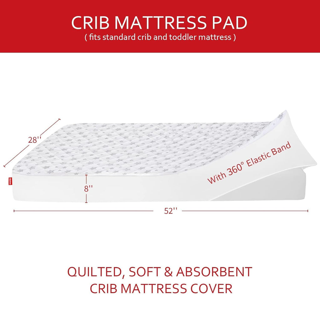 Skiennix Crib Mattress Protector - Waterproof Quilted Pad Cover | Extra Soft & Breathable, 52" x 28", Grey & White Star (2 Pack)