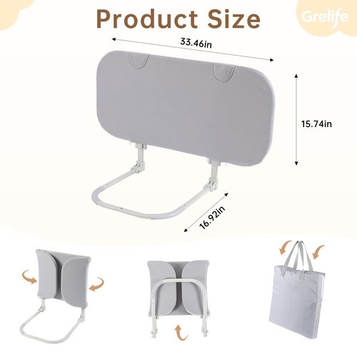 Grelife 33" Portable Travel Bed Rail for Toddlers (Compact), Fast Install, Adjustable Height, Tall Toddler Bed Rails for Crib, Single, Twin Bed, Foldable Baby Bed Rail Guard for Box, Flat Bed