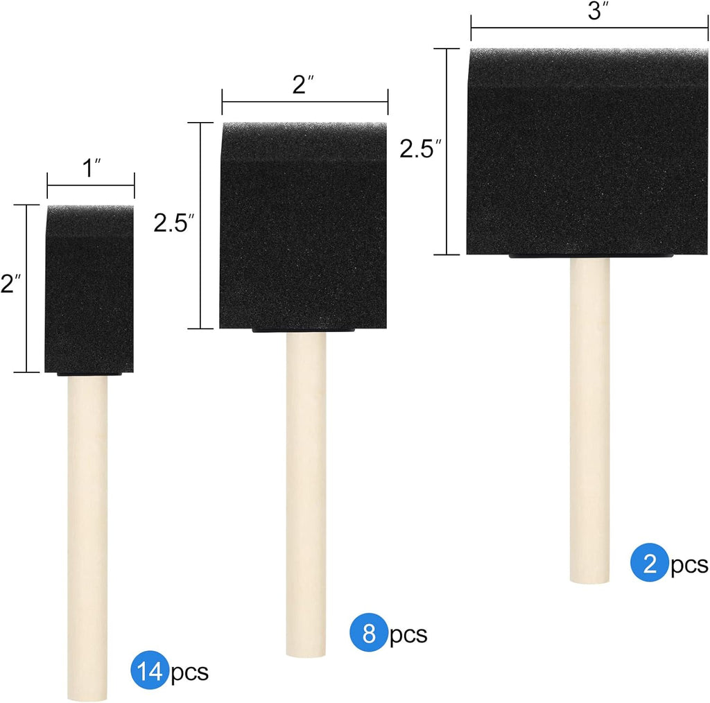 Skiennix Foam Paint Brushes - 24 Pcs Wood Handle Sponge Brushes for Painting & DIY Crafts | 1'', 2'', 3'' Sizes