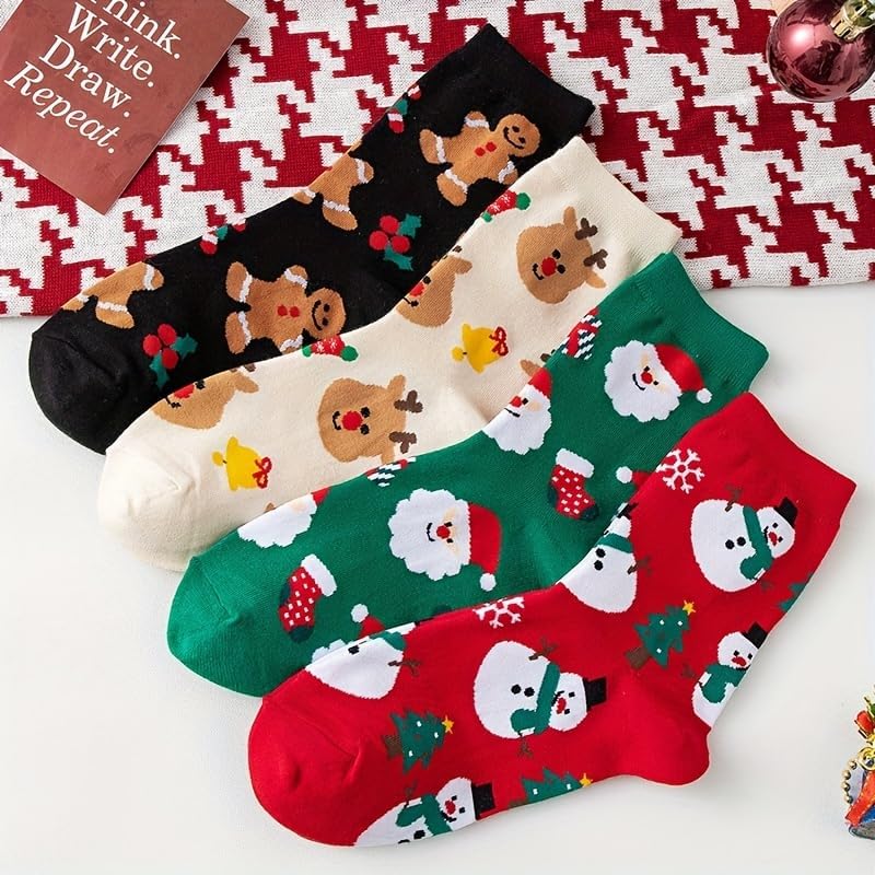 Skiennix Funny Socks - Cozy Cute Printed Santa Design - 4 Pairs for Women & Men