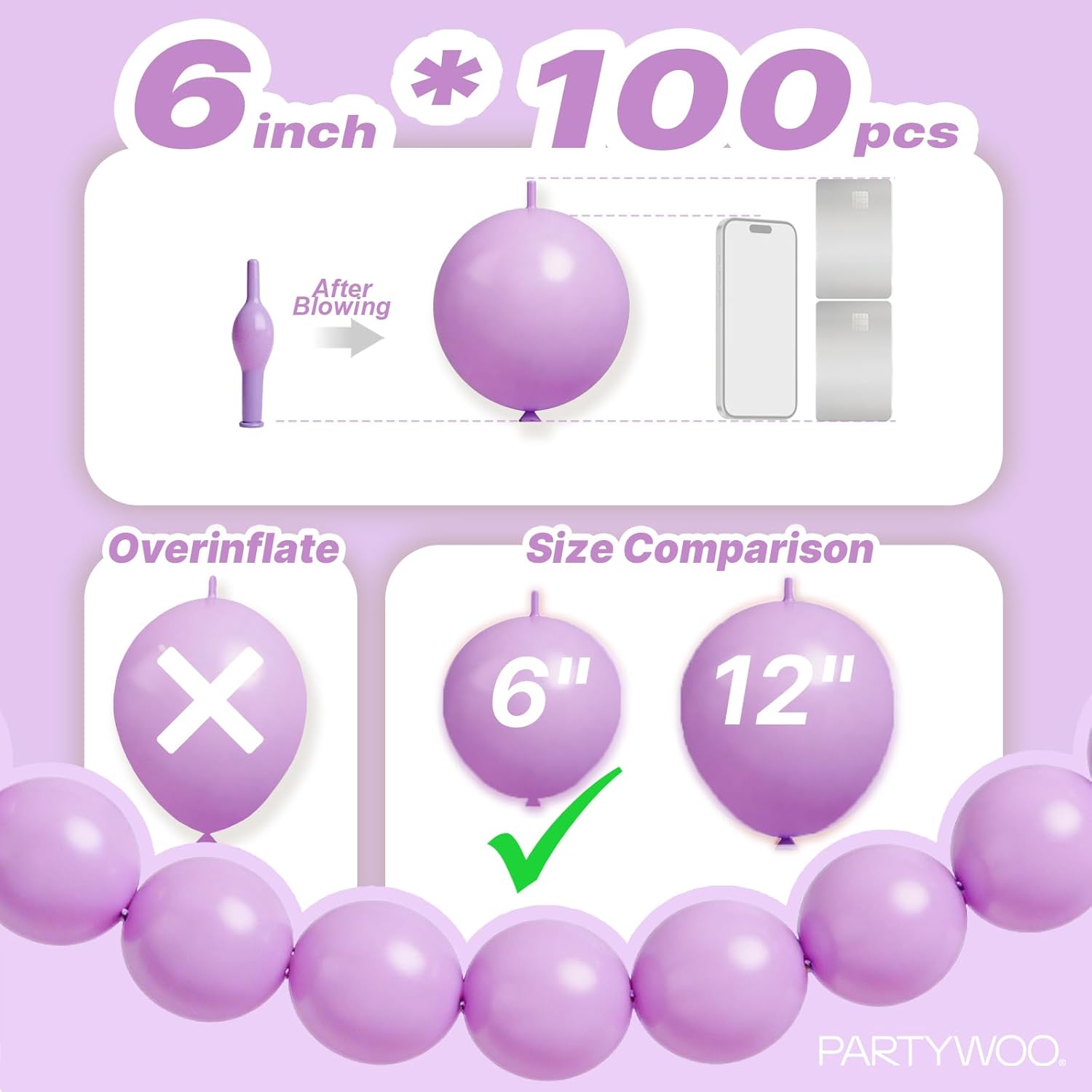 PartyWoo Lavender Linking Balloons - 100pcs 6 Inch Light Pastel Purple for Birthday & Wedding Decor