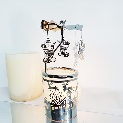 Kingnero Carousel Candle Holder - Spinning Metal Tea Light Candlestick for Home Decor | Silver Christmas Socks