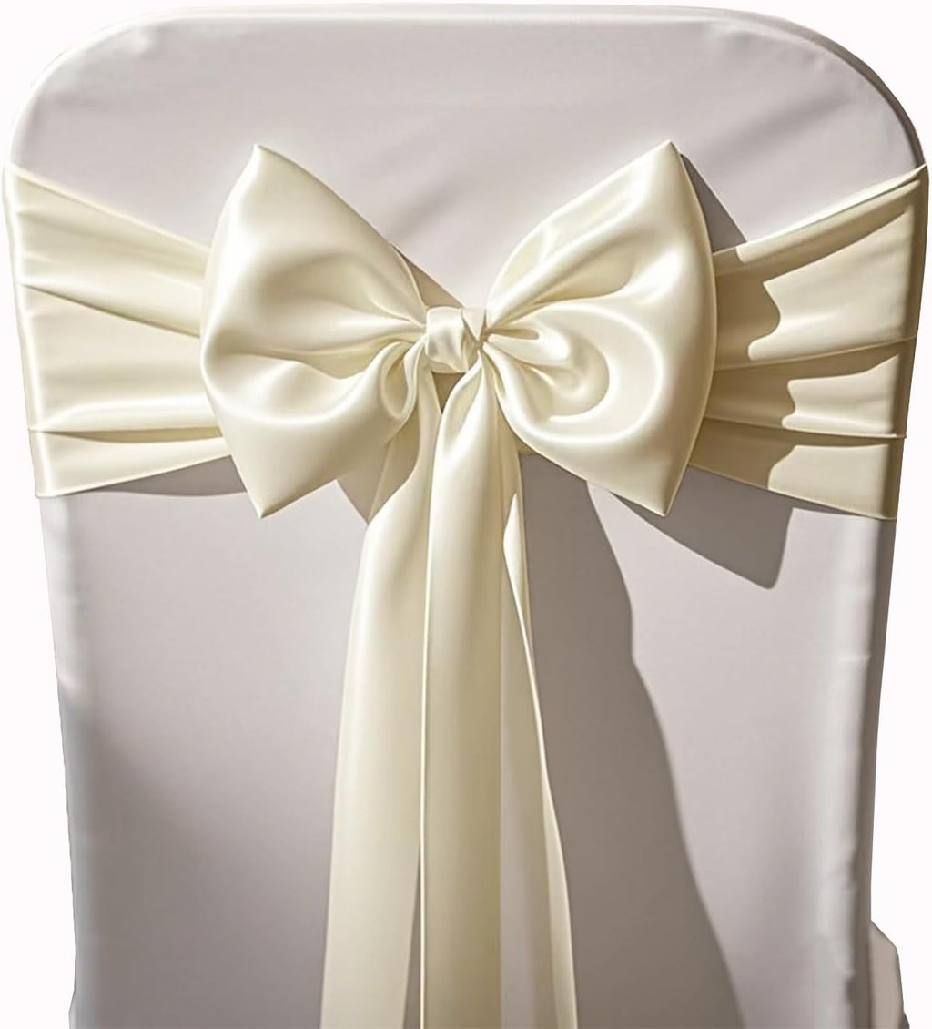 Skiennix Wedding Satin Chair Sashes - Elegant Ivory Bows for Banquet & Event Decor | 7x108 Inch, 50 Pack