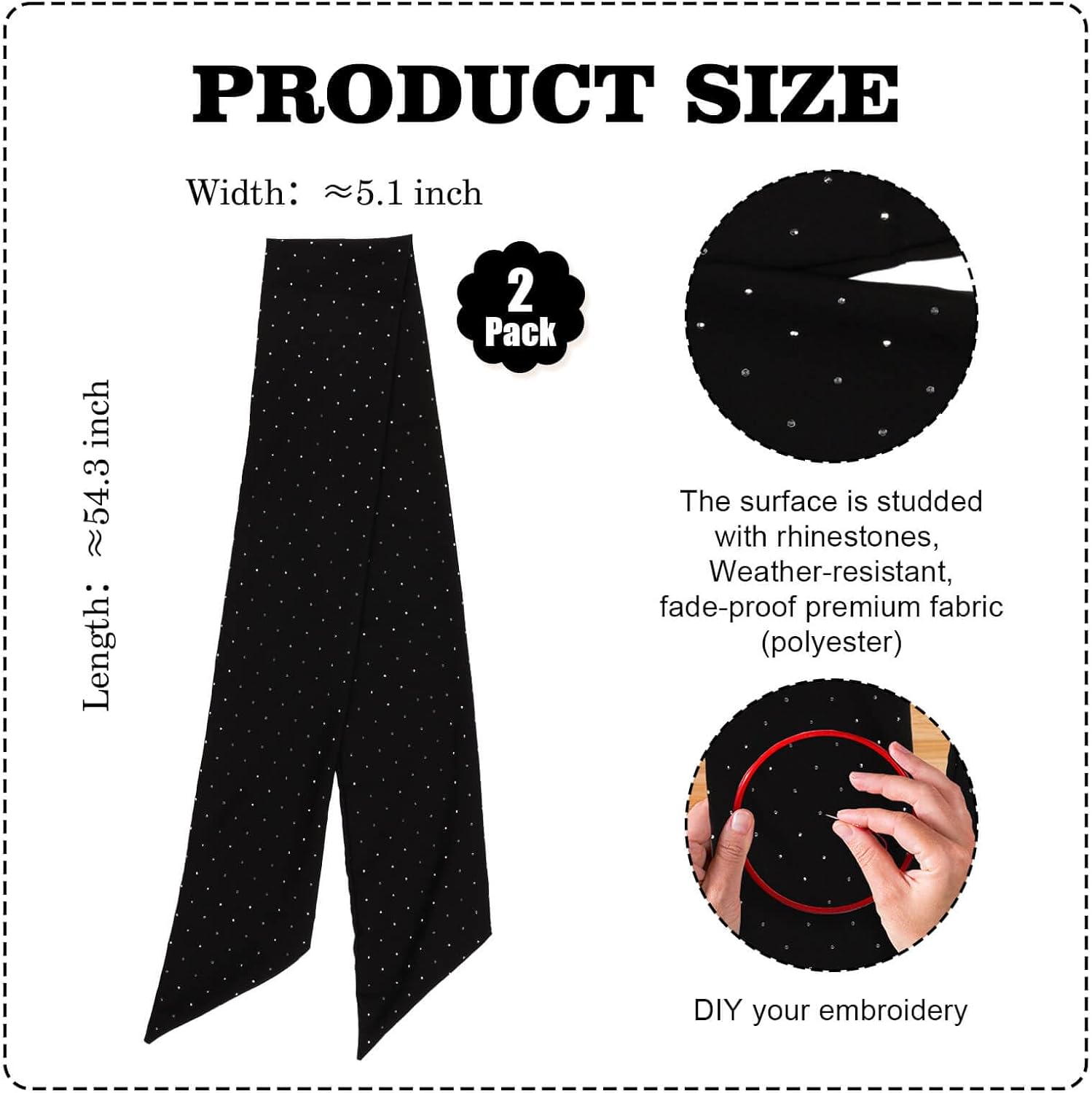 YKW Black Rhinestone Wreath Sash - 2 Pack Sparkle Ribbon for Christmas & Wedding Decor | 54x5 Inch