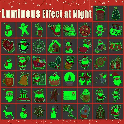 PARTYWIND Luminous Christmas Temporary Tattoos - 50 Styles Glow-in-the-Dark Stocking Stuffers for Kids