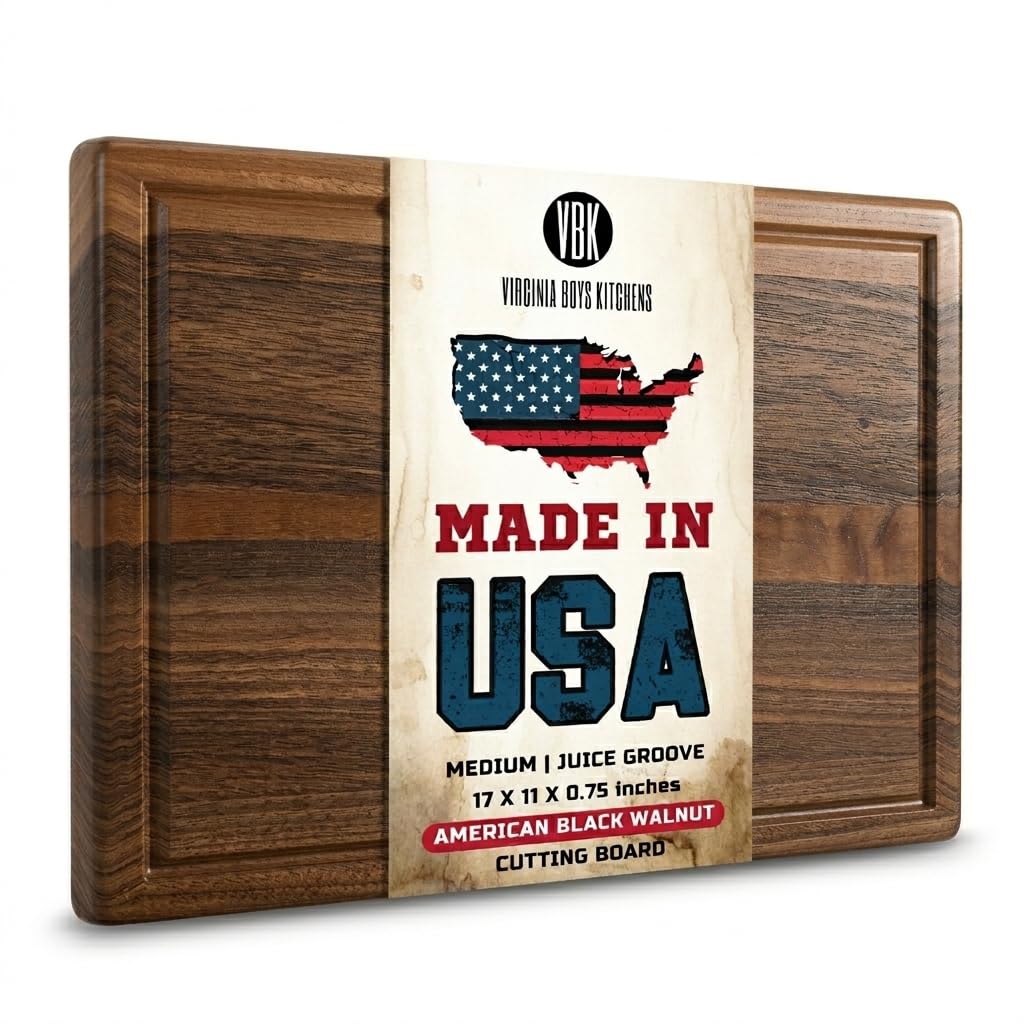 Made in USA Black Walnut Wood Cutting Board by Virginia Boys Kitchens - Butcher Block Wooden Carving Board with Juice Well made from Sustainable Hardwood (17x11)