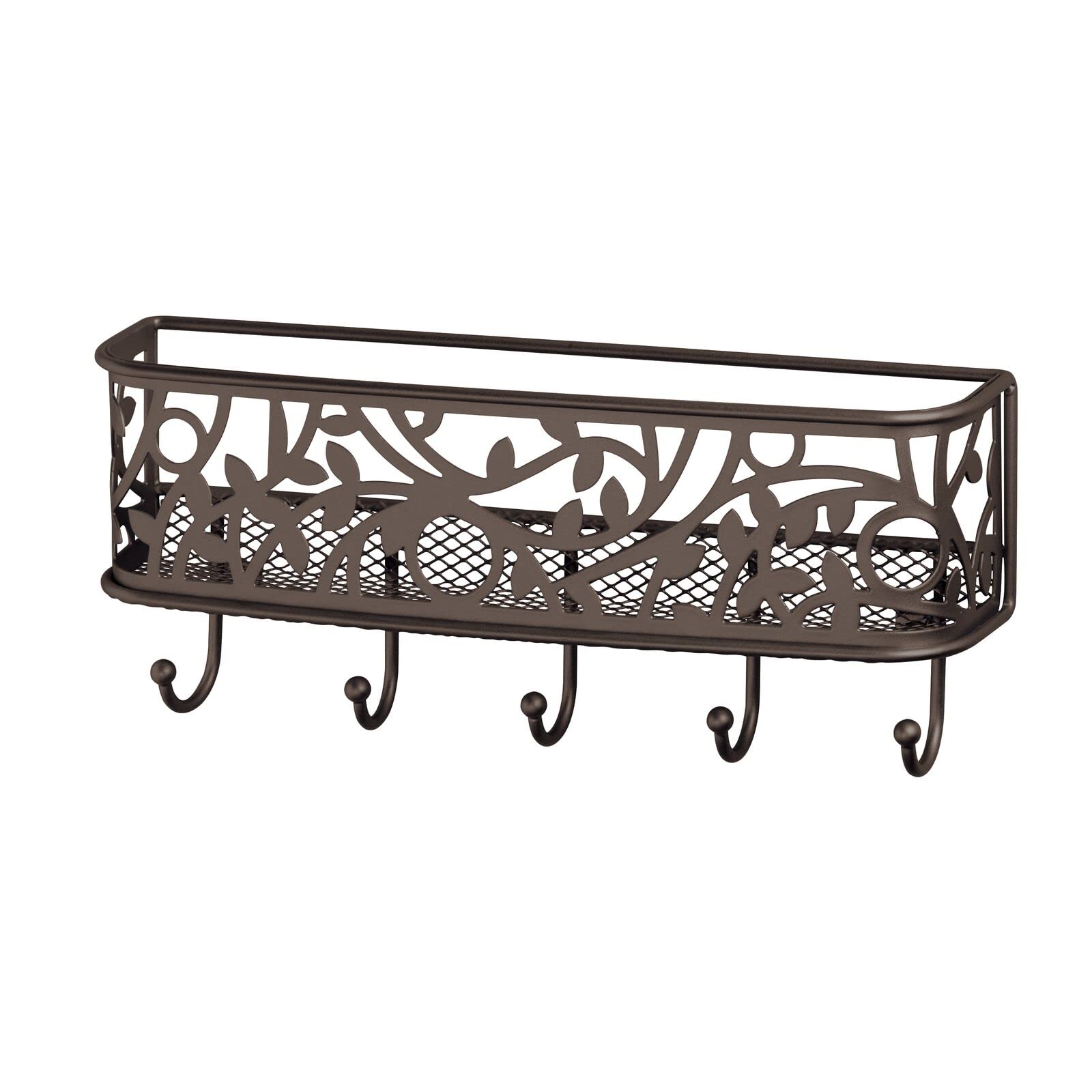 mDesign Wall Mount Metal Entryway Storage Organizer Mail Sorter Basket with 5 Hooks - Letter, Magazine, Coat, Leash and Key Holder for Entryway, Mudroom, Hallway, Kitchen, Office - Bronze