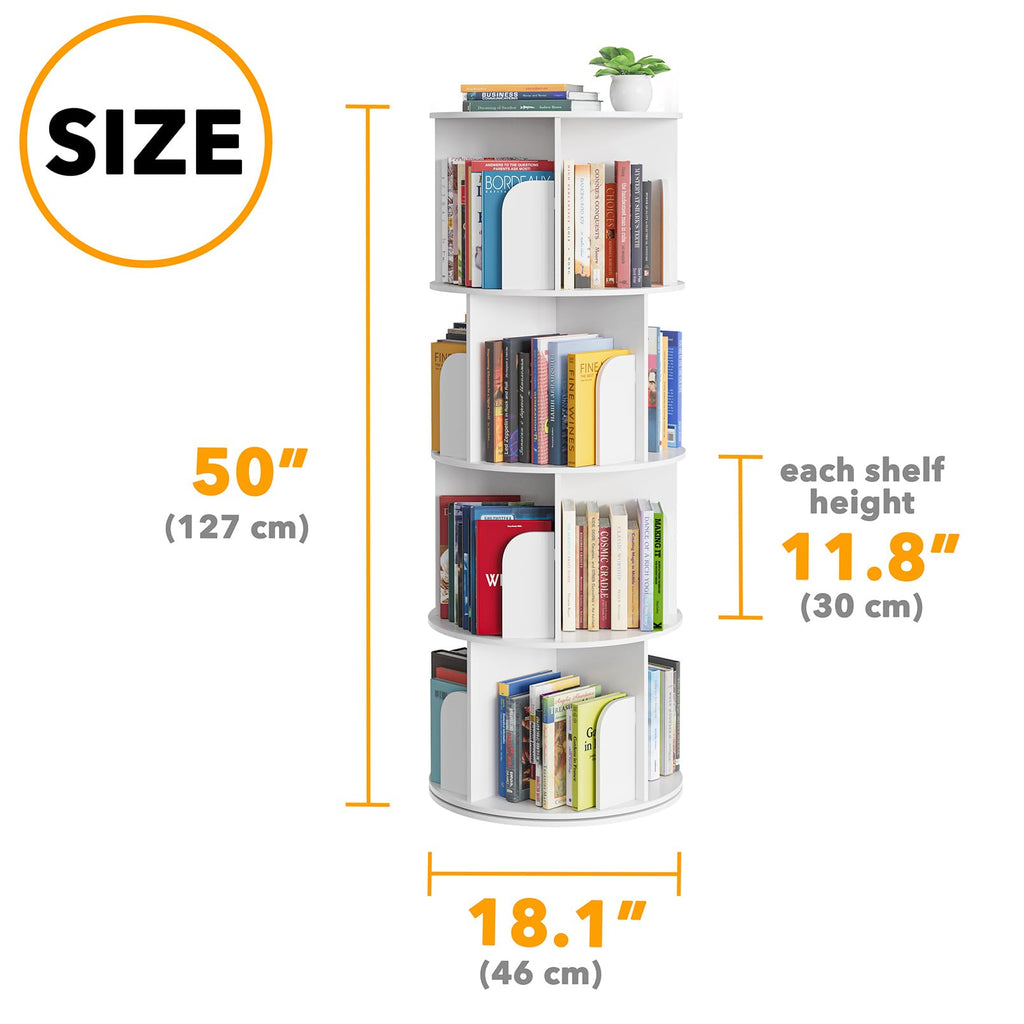 SpaceAid Cross Style 4 Tier Rotating Bookshelf, Spinning 360 Bookcase Lazy Susan Tower, Vertical Revolving Books Shelf Storage Round Carousel Space Saving Organizer, White