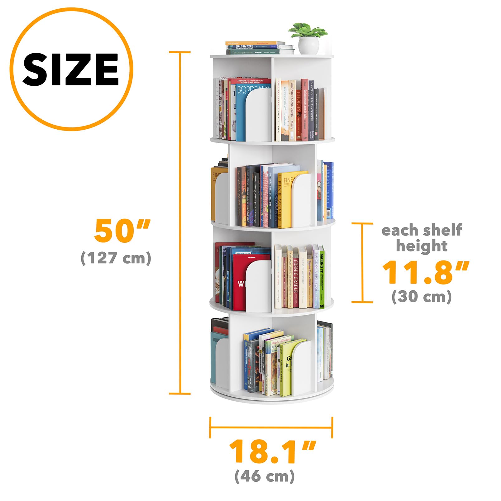 SpaceAid Cross Style 4 Tier Rotating Bookshelf, Spinning 360 Bookcase Lazy Susan Tower, Vertical Revolving Books Shelf Storage Round Carousel Space Saving Organizer, White