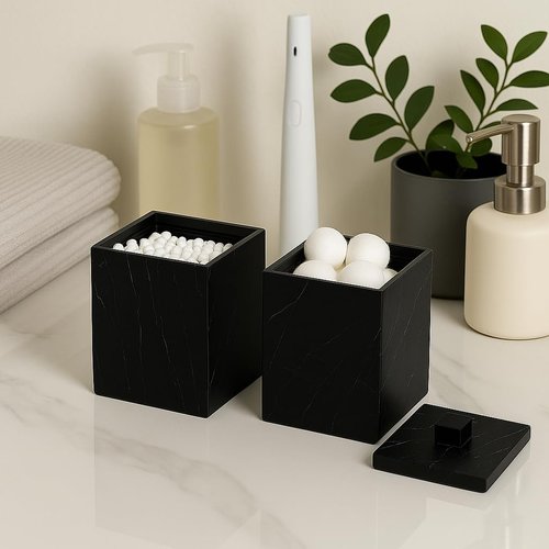 Jung Ford Marble Pattern Cotton Swab Holders - 2-Pack Resin Bathroom Storage Jars | Black