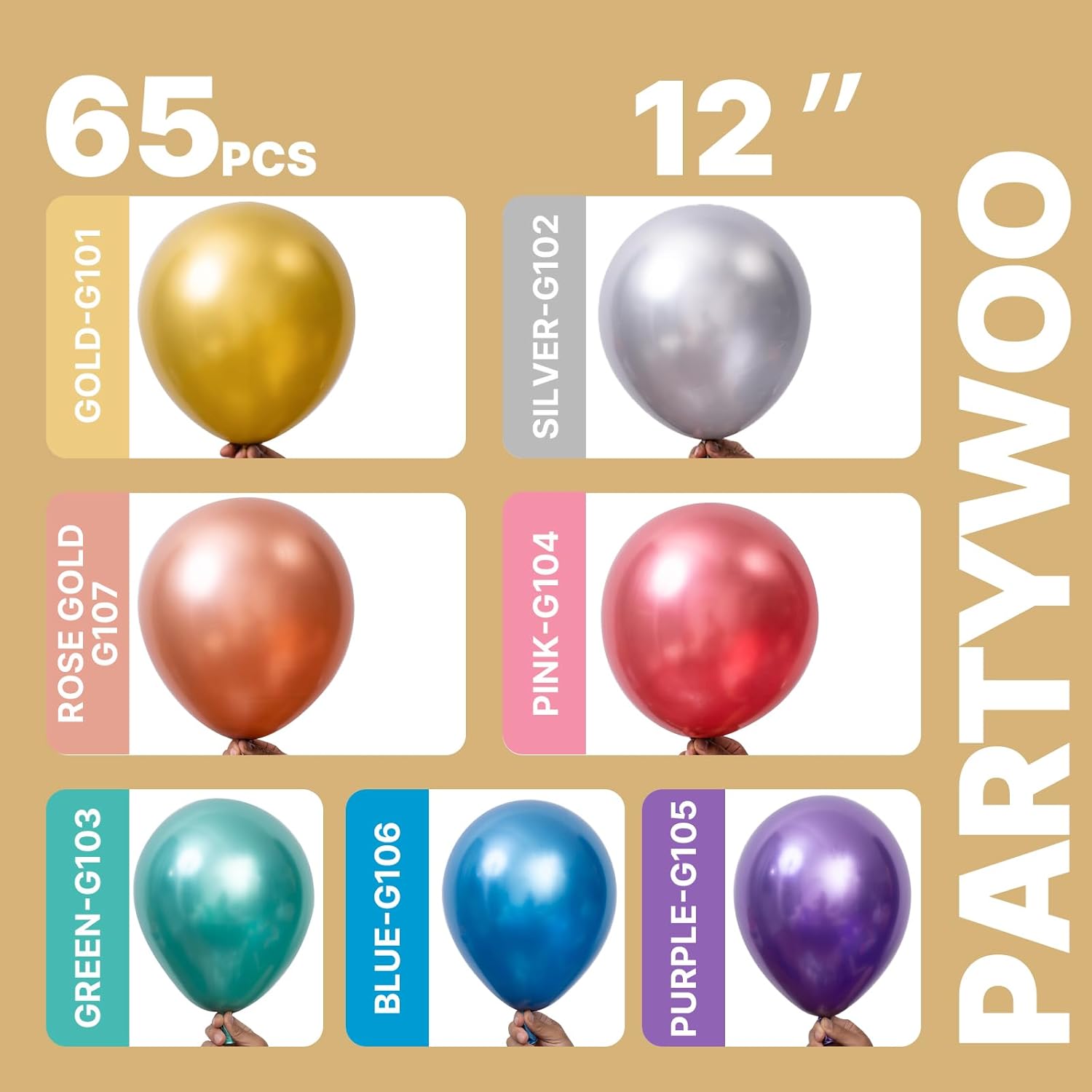 PartyWoo Metallic Balloons - 65pcs 12 Inch Assorted Colors for Baby Showers & Birthday Parties