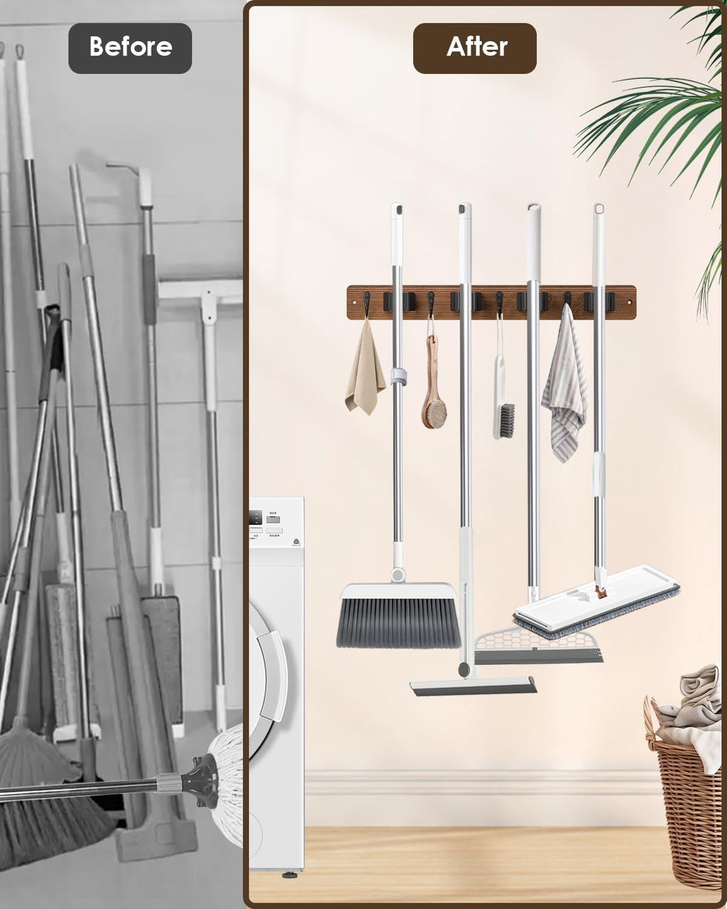 Skiennix Broom Holder - Wall Mounted Mop Organizer with 4 Holders & Hooks | Natural Pine Wood