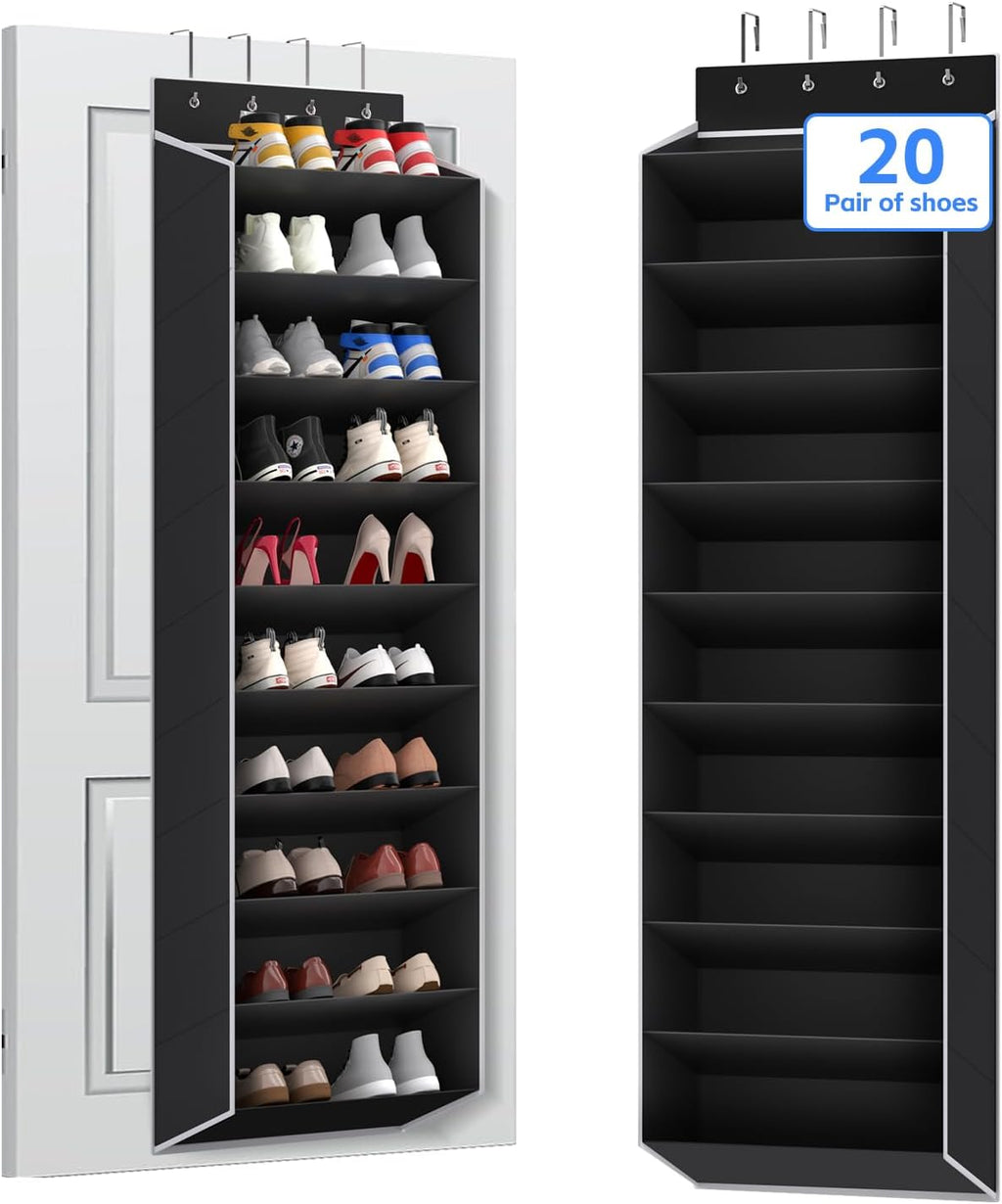 Regeleto Over The Door Shoe Organizer - 10 Tiers Storage Rack for 20 Pairs of Sneakers & Boots (Black)