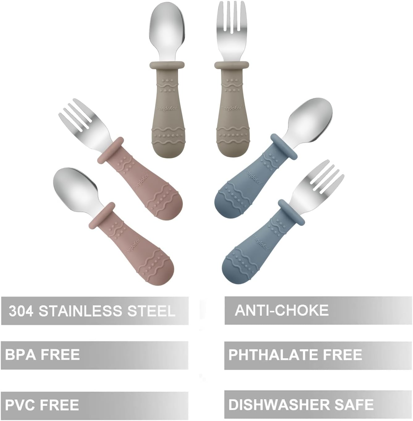 PandaEar Kids Utensils Set - 6 Pack Stainless Steel & Silicone Spoons and Forks | Dishwasher Safe (Blue/Brown/Red)