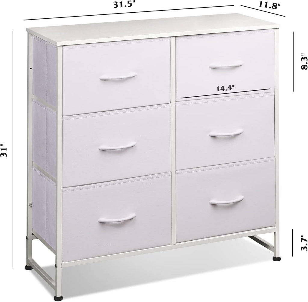 WLIVE White Dresser - 6 Fabric Drawers with Metal Frame & Wooden Top | Versatile Storage for Bedroom, Living Room, Hallway