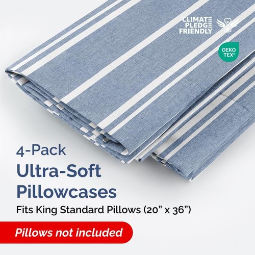King Standard Pillow Cases - Soft Hotel Quality Covers for Comfy Bedding | Set of 4 Blue Stripes