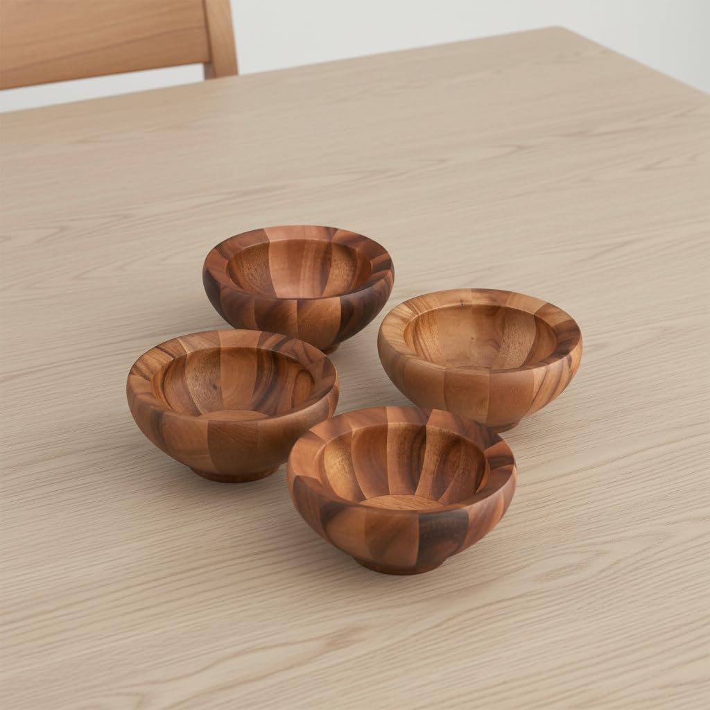 Nambe Yaro Individual Salad Bowls | Set of 4 | Serve Condiments, Dip, Sauce, Nuts, Olive, Salsa | Vegetable Prep Bowls | Made of Acacia Wood | Designed by Sean O’Hara (36-Oz)
