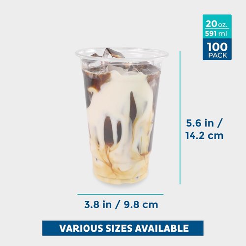 Freshware Clear Plastic Cups - 20 oz Disposable Cups for Iced Coffee & Smoothies | 100 Pack