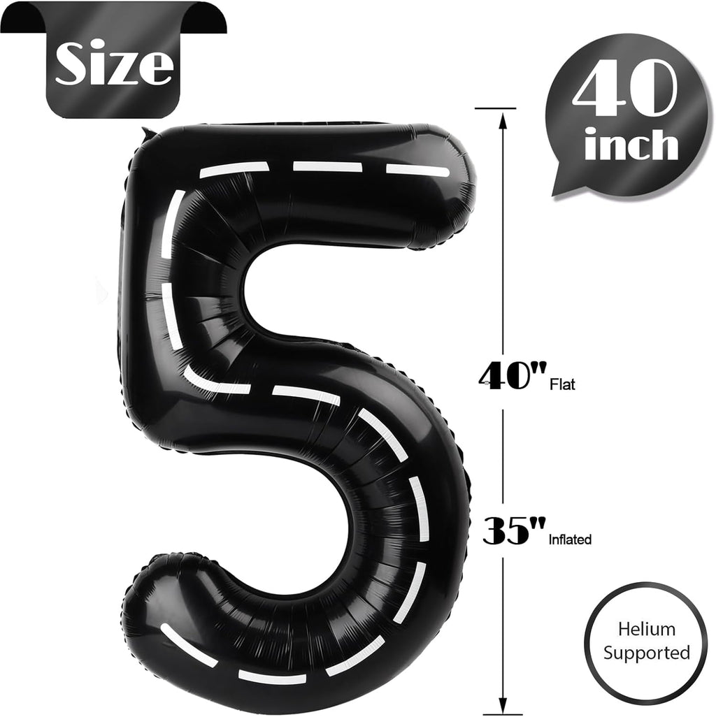 Race Car 5 Balloon - 40 Inch Black Number 5 Birthday Balloon Decorations for Kids' Parties