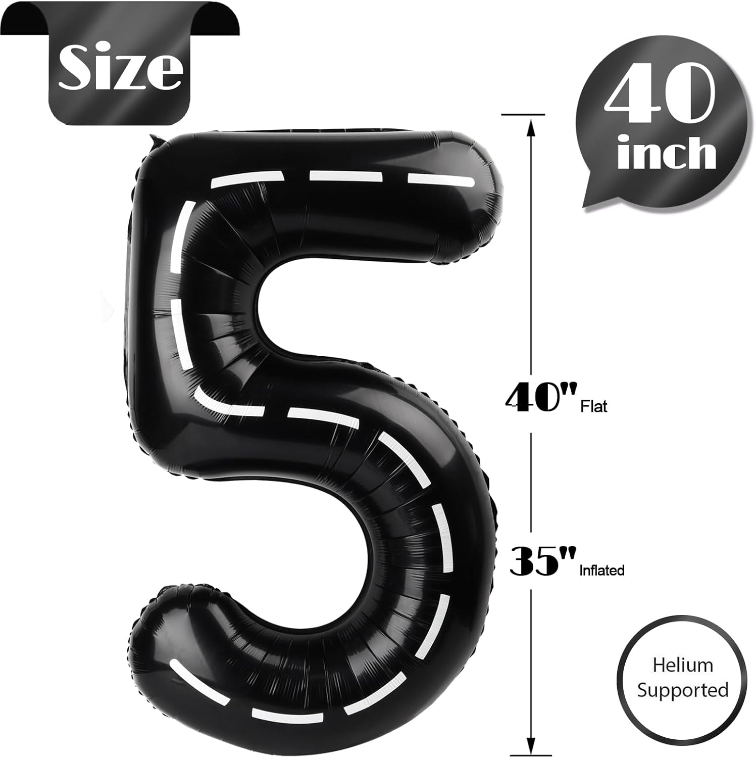 Race Car 5 Balloon - 40 Inch Black Number 5 Birthday Balloon Decorations for Kids' Parties