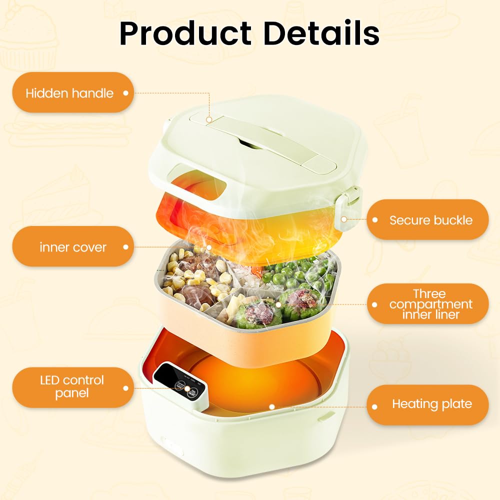 SL Nevnmoe Cordless Electric lunch box, Battery Powered Heated Lunch Box，Food Heate 1L Adjustable heating time Comes three compartments Used for trucks, camping, offices