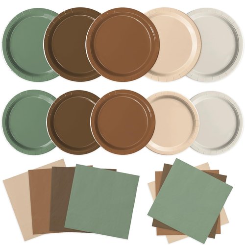 Oigco 150 PCS Woodland Baby Shower Decorations - Sage Green Neutral Forest Animal Brown Plates and Napkins for Safari Jungle Baby Shower Decorations, Serves 50