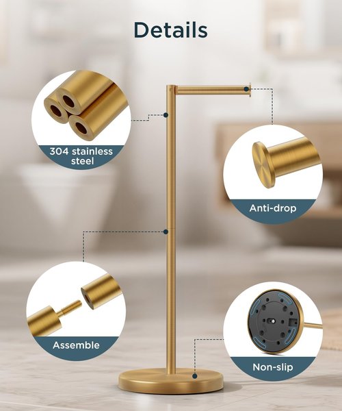 FORIOUS Toilet Paper Holder - Modern Freestanding Tissue Roll Stand in Brushed Gold - Durable 304 Stainless Steel, Holds 4 Rolls