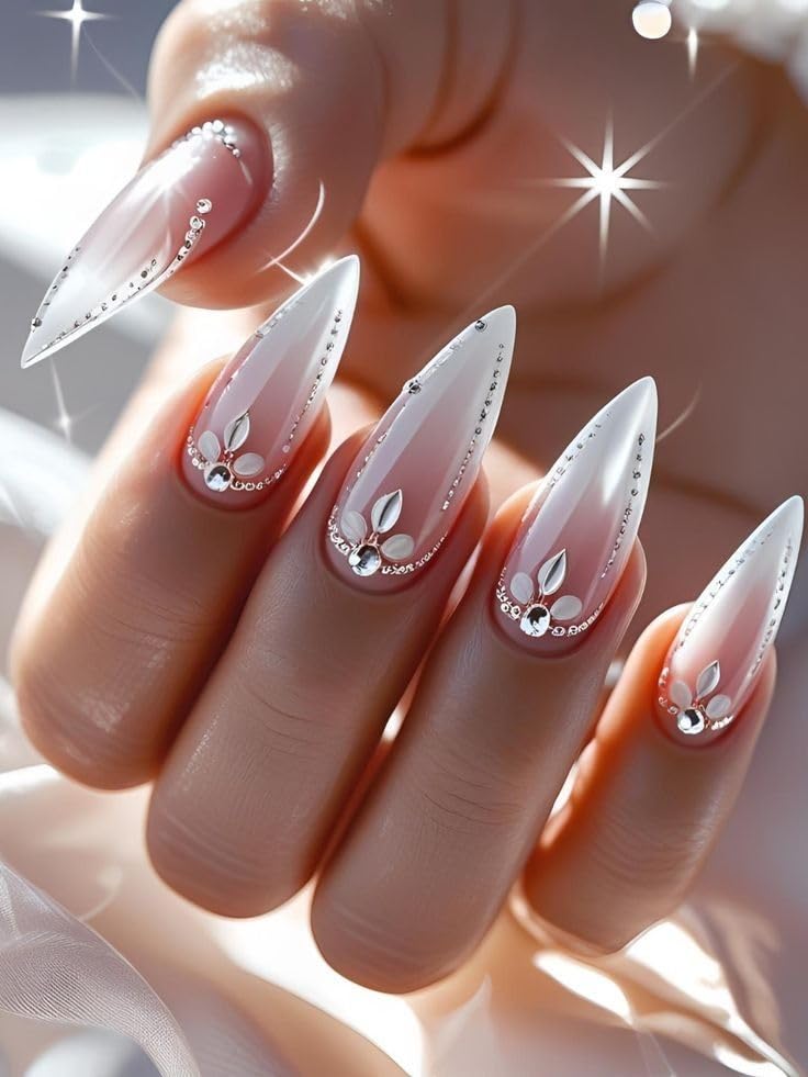 Guroenky 5D Embossed Rhinestone Nail Stickers, Silver Heart French Tip Decals