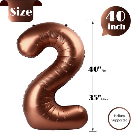 Chocolate 2nd Birthday Balloon - 40 Inch Dark Brown Number 2 Decoration for Parties