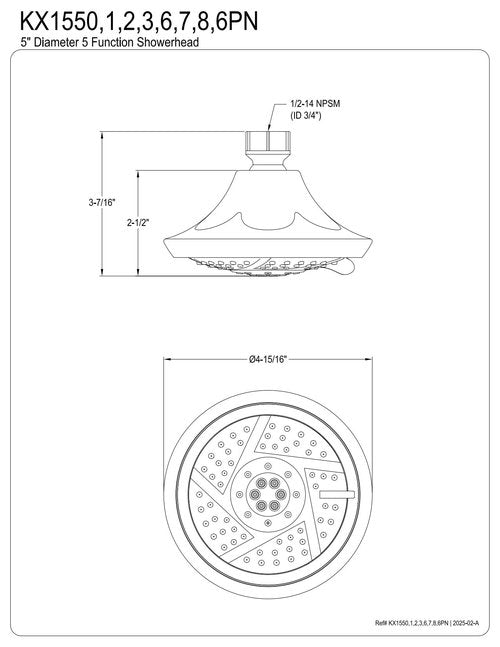 Kingston Brass KX1557 Vilbosch 5-Inch Round 5-Function ABS Shower Head in Brushed Brass