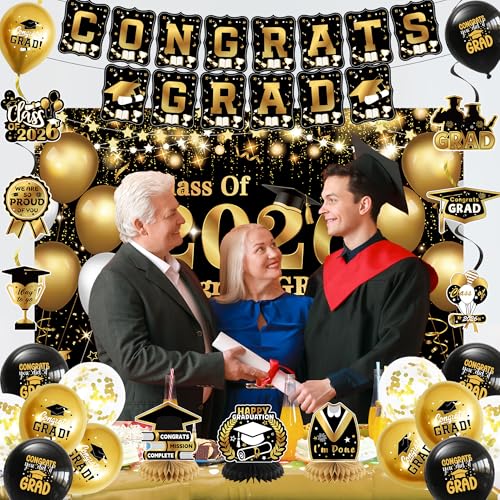 Black and Gold Class of 2026 Graduation Party Decorations Set (25 Pieces)