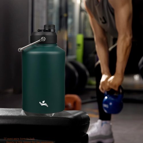 Konokyo 1 Gallon Jug with Handle,128 oz Insulated Water Bottle with Carrying Pouch, Double Wall Vacuum Stainless Steel Metal Bottle,Dark Green