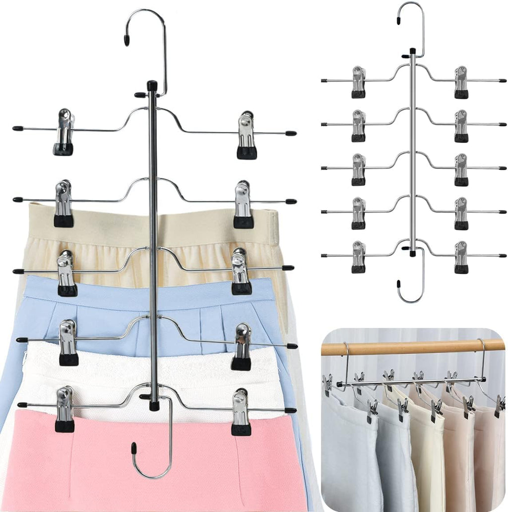 Skiennix 5-Tier Metal Skirt Hangers - Space-Saving Non-Slip Clips for Jeans & Pants | 2 Pack