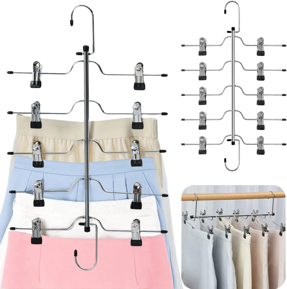 Skiennix 5-Tier Metal Skirt Hangers - Space-Saving Non-Slip Clips for Jeans & Pants | 2 Pack