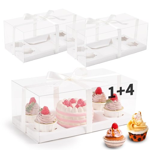 JCD 3pcs Clear Cupcake Boxes Combo,Cake and Cupcakes Box 1+4 Bento Box with Clear Window Bento Boxes Fit 4 Cupcake and 1 Mini Cake for Valentine Wedding Birthday Party Bakery Supplies(1+4/3Pcs)