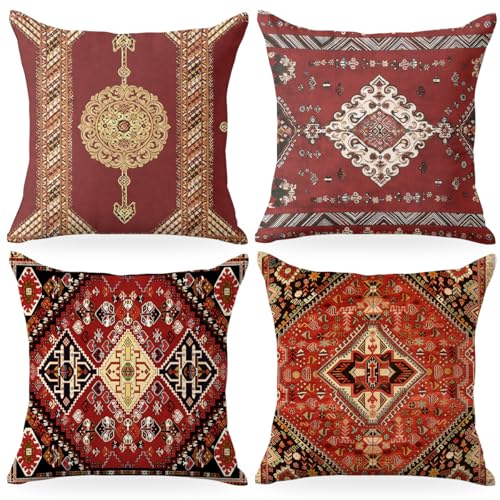 Set of 4 Red Kilim Throw Pillow Covers - 18x18 Inch Bohemian Decor