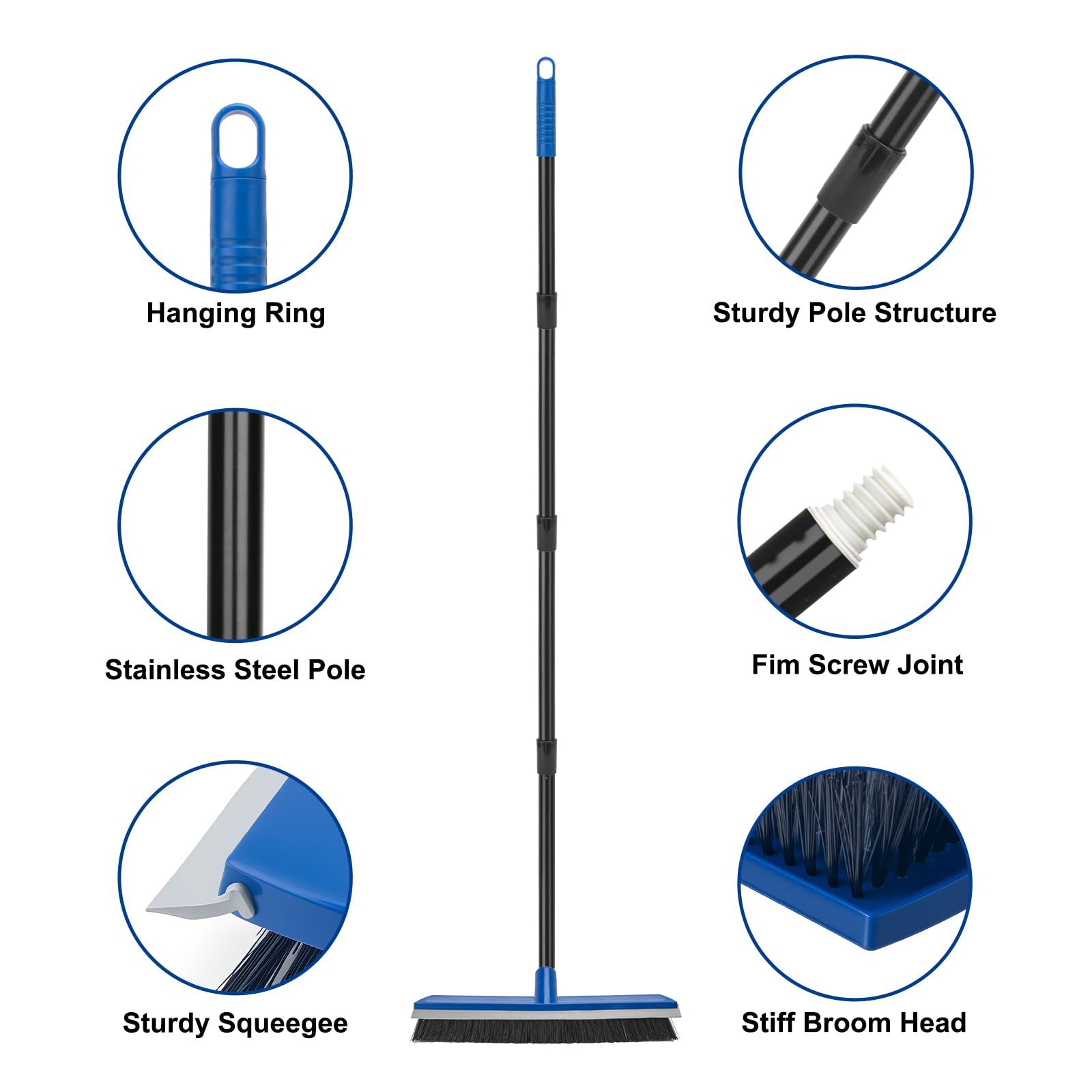 16 Inch 2-in-1 Squeegee Push Broom Outdoor Deck Brush 58" Long Handle for Patio Garage Warehouse Driveway Concrete Floor Cleaning Scrubbing(Blue)