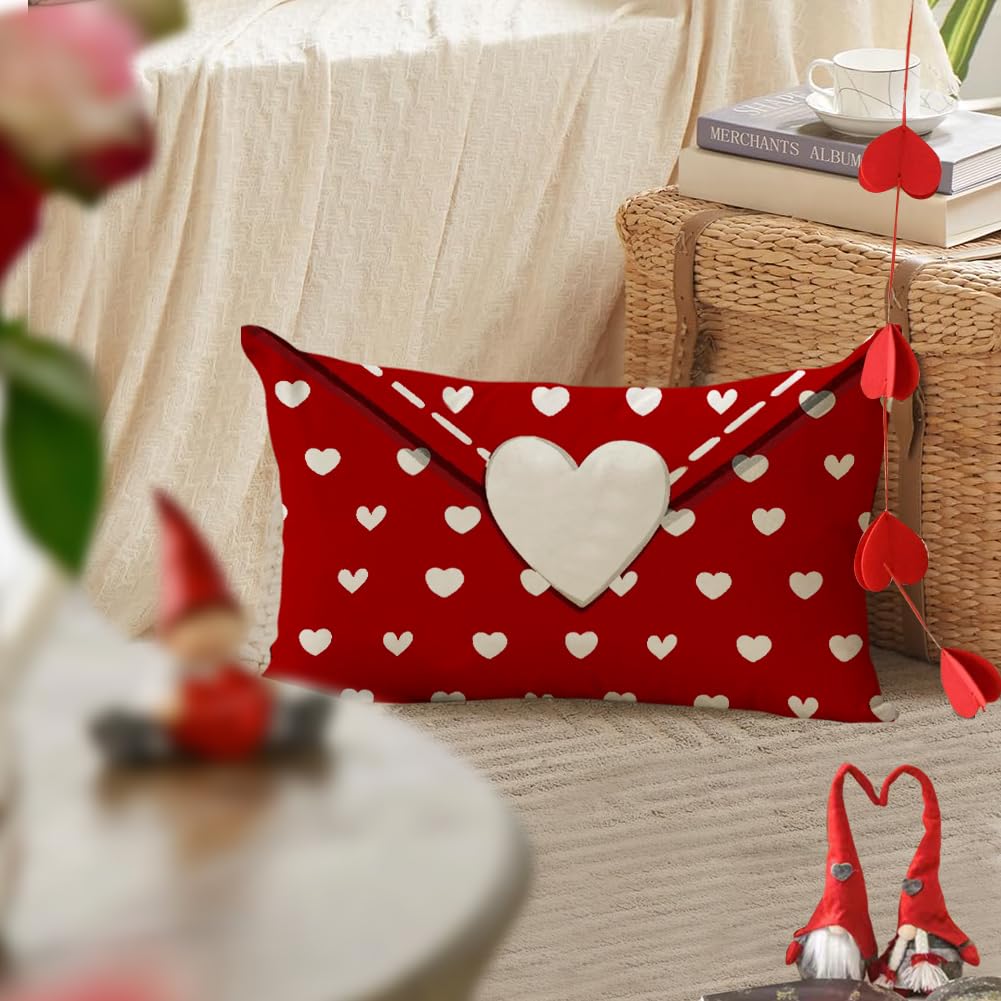 RABUSOFA Valentines Pillow Covers 12x20 inch Valentines Day Decoration Red Love Heart Anniversary Wedding Lumbar Throw Pillowcase for Couch Home Decor Red