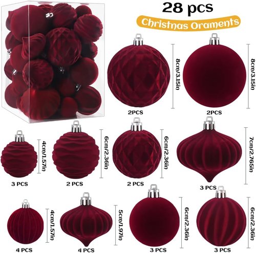 Celltestria Velvet Christmas Balls - 28PCS Shatterproof Burgundy Ornaments for Holiday Decor | Winter Tree Decorations