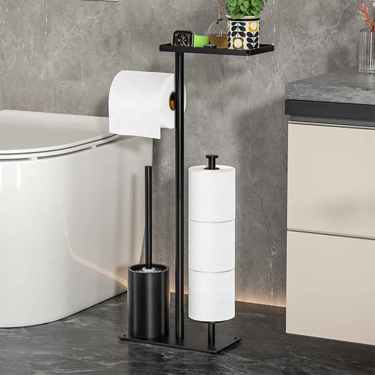 Skiennix Modern Bathroom Toilet Paper Stand - Stylish Black Metal Holder with Storage Shelf for 3 Mega Rolls | 24x12x60 Inches
