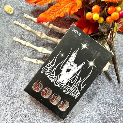 Halloween Press on Nails Long Almond Dark Red Spider Web Fake Nails